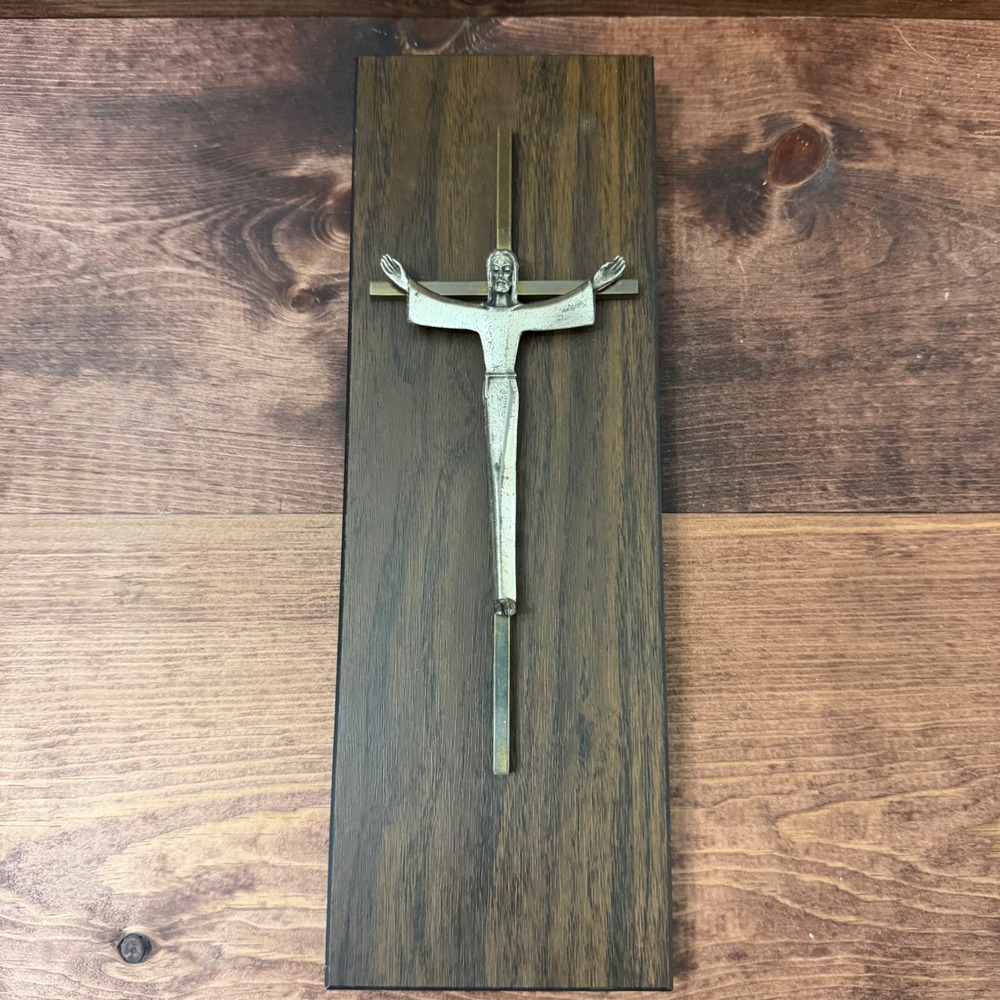 MCM Risen Christ Crucifix Wall Plaque Wood Metal Arms Raised Modernist Cross VTG